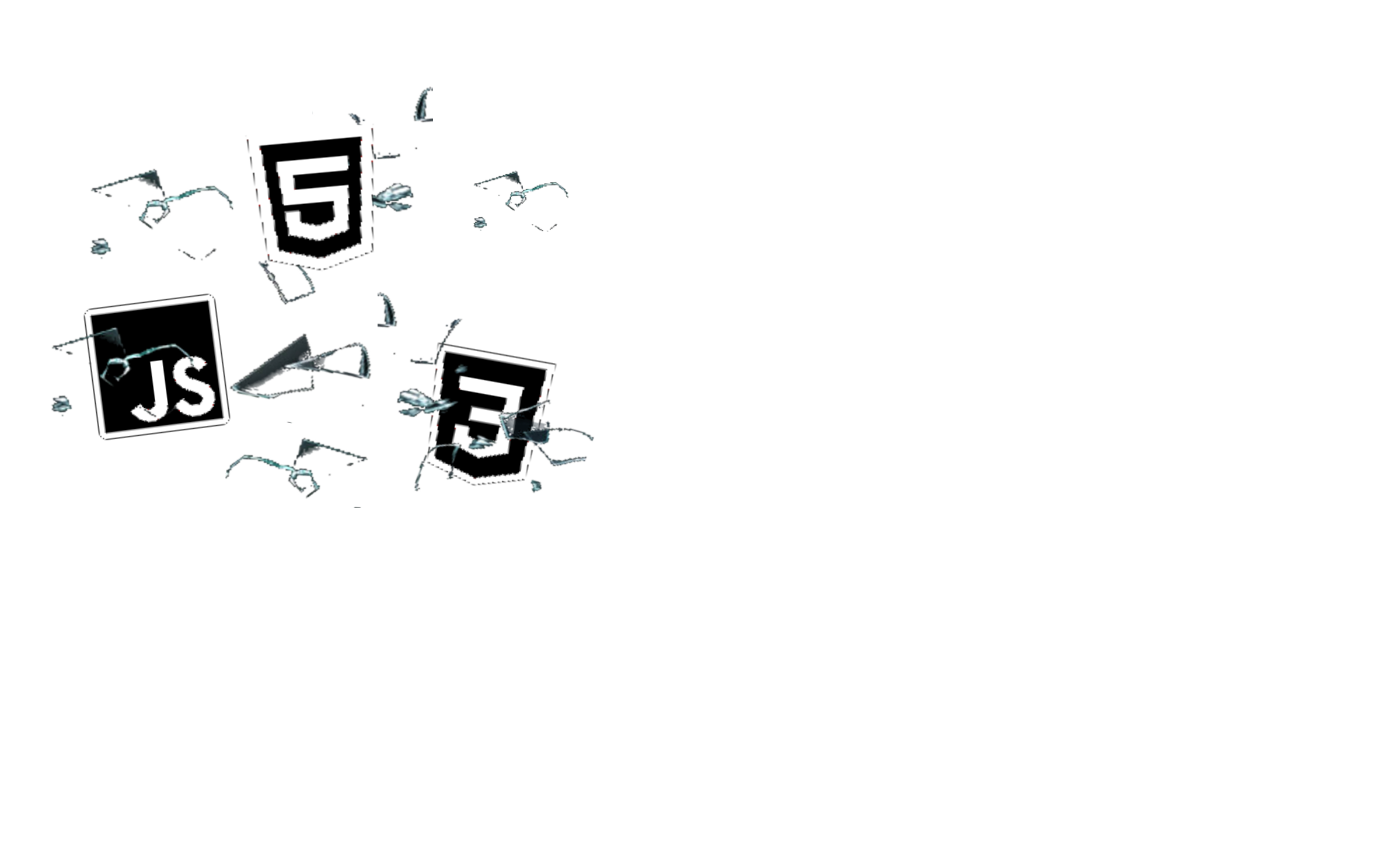 Imagem de estilhaços de vidro com os ícones de HTML5, CSS3 e JavaScript por cima.